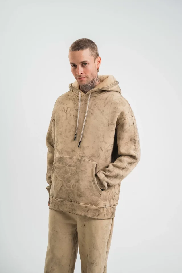 Unisex Double Oversize Kapşonlu Yıkamalı SweatShirt - Bej - Görsel 5