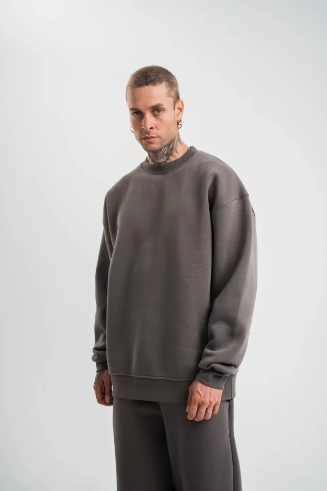 Uzun Kol Bisiklet Yaka Basic SweatShirt - Füme - Görsel 5