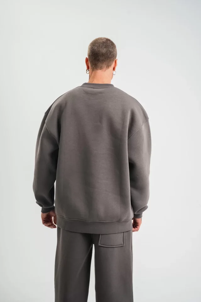 Uzun Kol Bisiklet Yaka Basic SweatShirt - Füme - Görsel 4