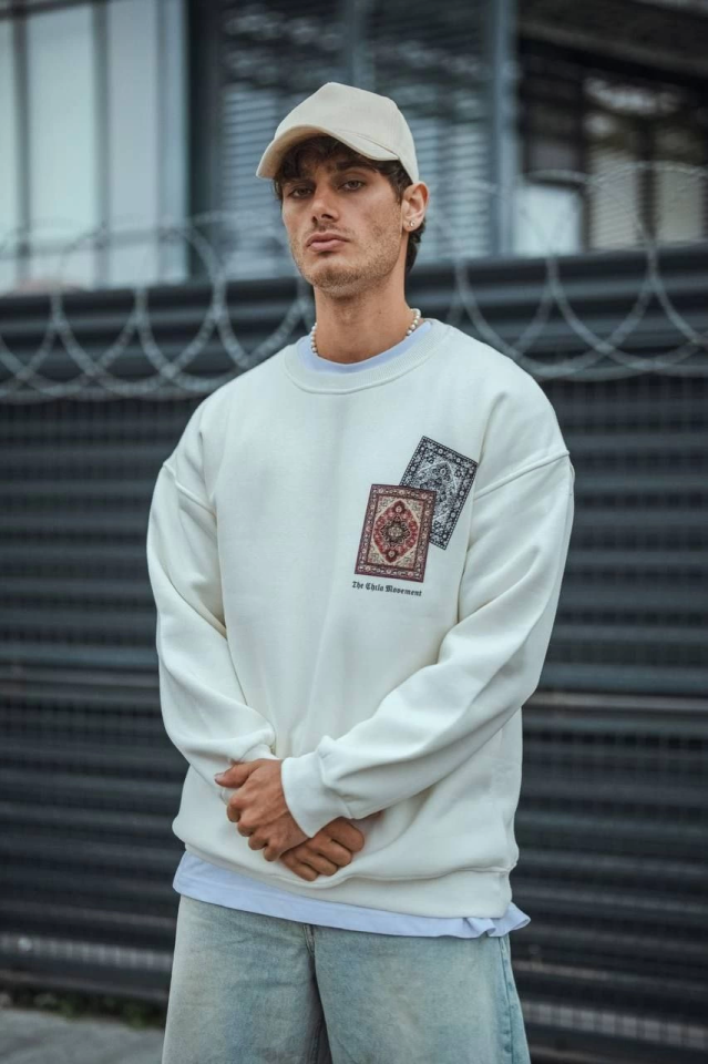 Uzun Kol Bisiklet Yaka Baskılı SweatShirt - Beyaz - Görsel 4