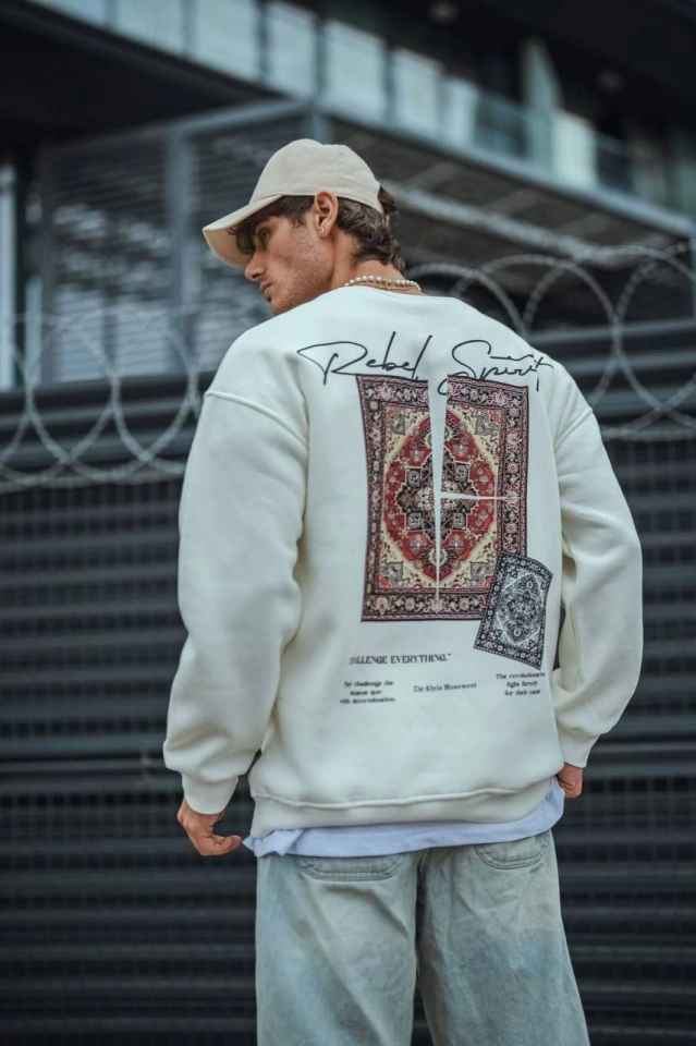 Uzun Kol Bisiklet Yaka Baskılı SweatShirt - Beyaz - Görsel 2