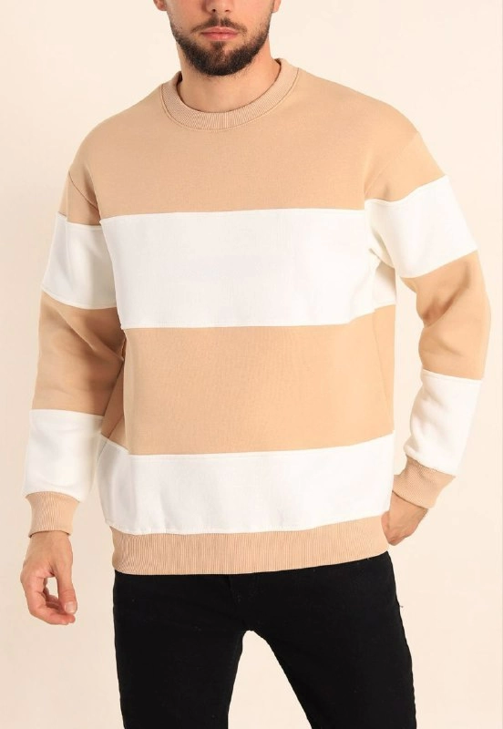 Parçalı Bisiklet Yaka Baskılı SweatShirt - Bej - Görsel 3