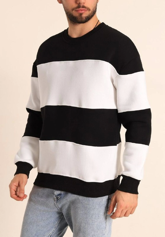 Parçalı Bisiklet Yaka Baskılı SweatShirt - Siyah - Görsel 3