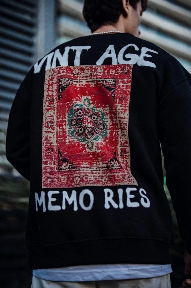 Oversize Bisiklet Yaka Üç İplik Baskılı SweatShirt - Siyah - Görsel 2
