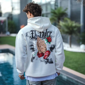 Alternative view of Üç İplik Penye Kapşonlu Baskılı SweatShirt - Beyaz