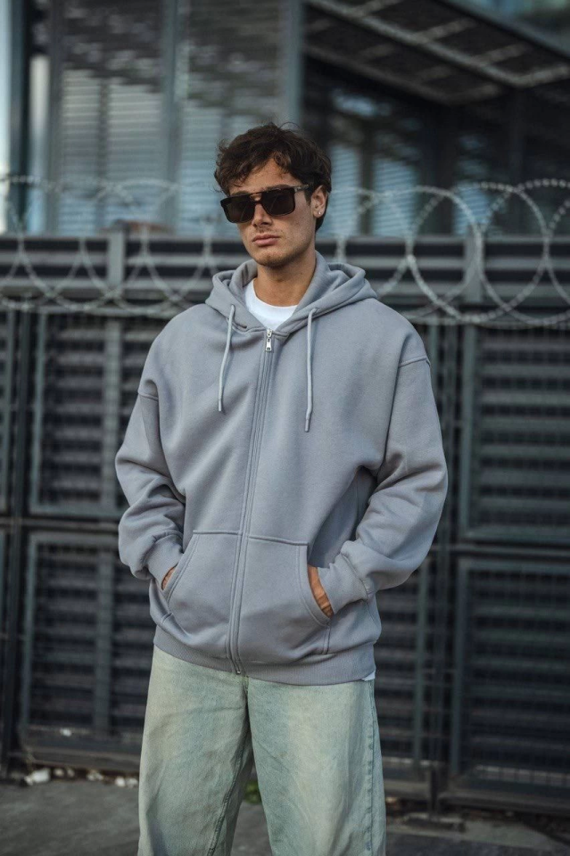Oversize Tam Fermuarlı Uzun Kol Hırka - Gri - Görsel 4