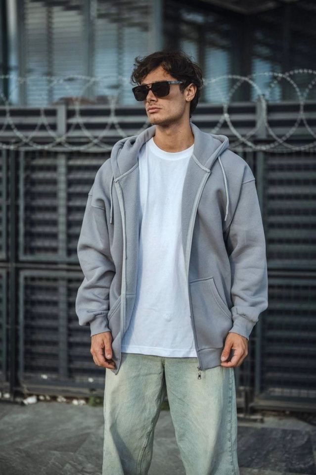 Oversize Tam Fermuarlı Uzun Kol Hırka - Gri - Görsel 2