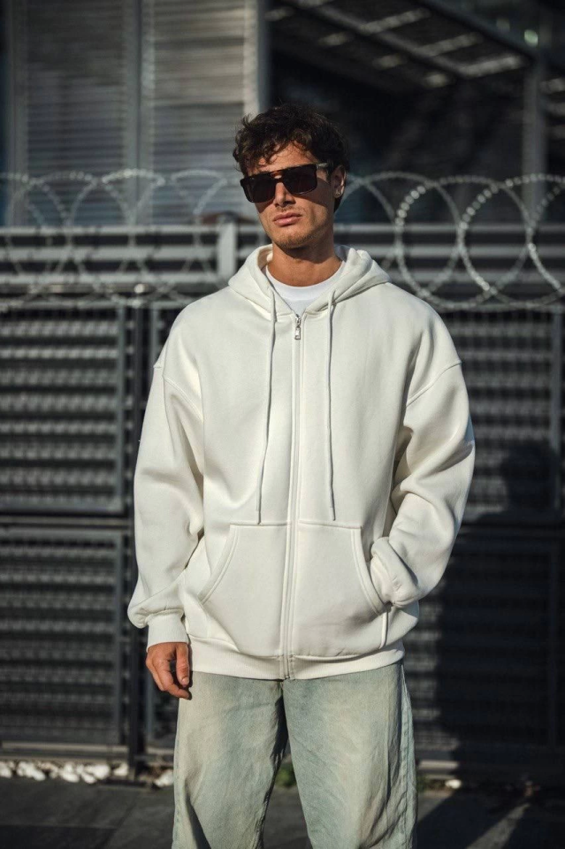 Oversize Tam Fermuarlı Uzun Kol Hırka - Beyaz - Görsel 4