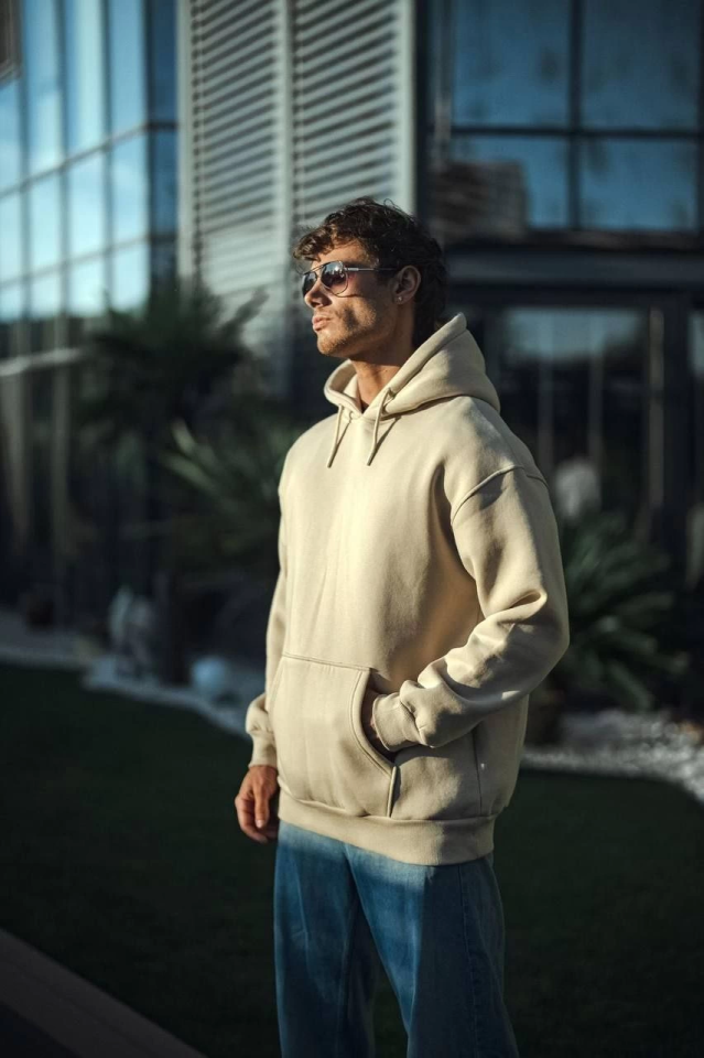 Üç İplik Penye Kapşonlu Basic SweatShirt - Bej - Görsel 4
