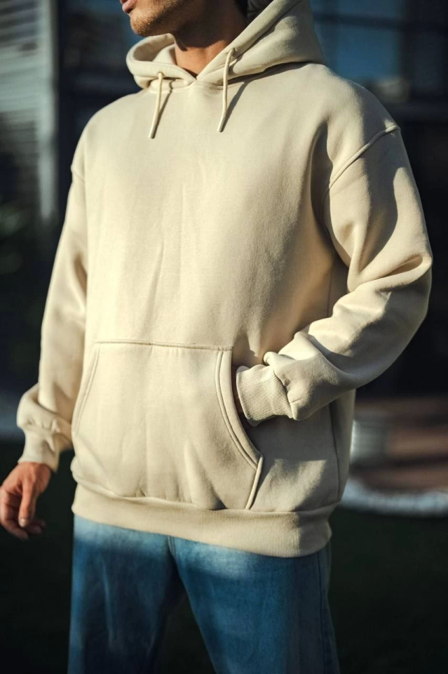 Üç İplik Penye Kapşonlu Basic SweatShirt - Bej - Görsel 3