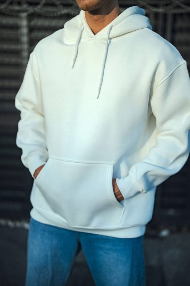 Üç İplik Penye Kapşonlu Basic SweatShirt - Beyaz - Görsel 4