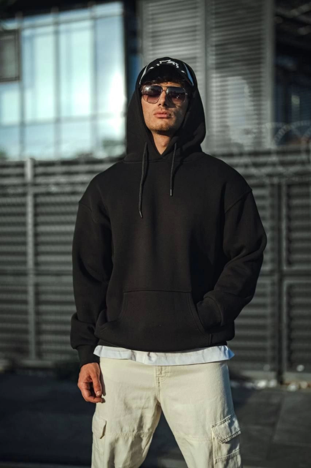 Üç İplik Penye Kapşonlu Basic SweatShirt - Siyah - Görsel 4