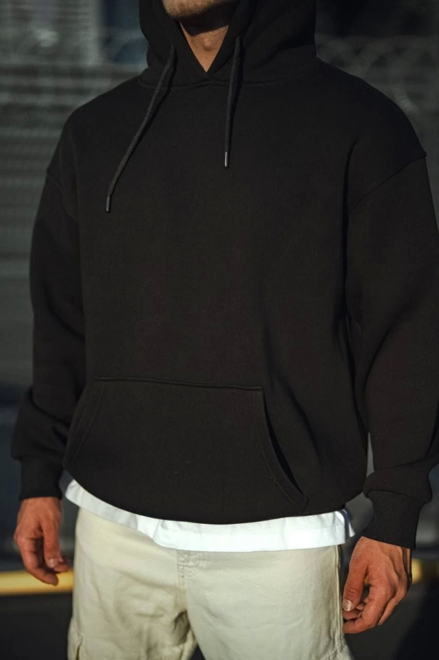 Üç İplik Penye Kapşonlu Basic SweatShirt - Siyah - Görsel 3