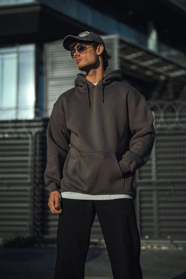 Üç İplik Penye Kapşonlu Basic SweatShirt - Antrasit - Görsel 3