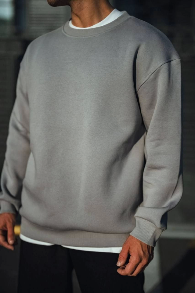 Kışlık Bisiklet Yaka Üç İplik Basic SweatShirt - Boyalı Gri - Görsel 5