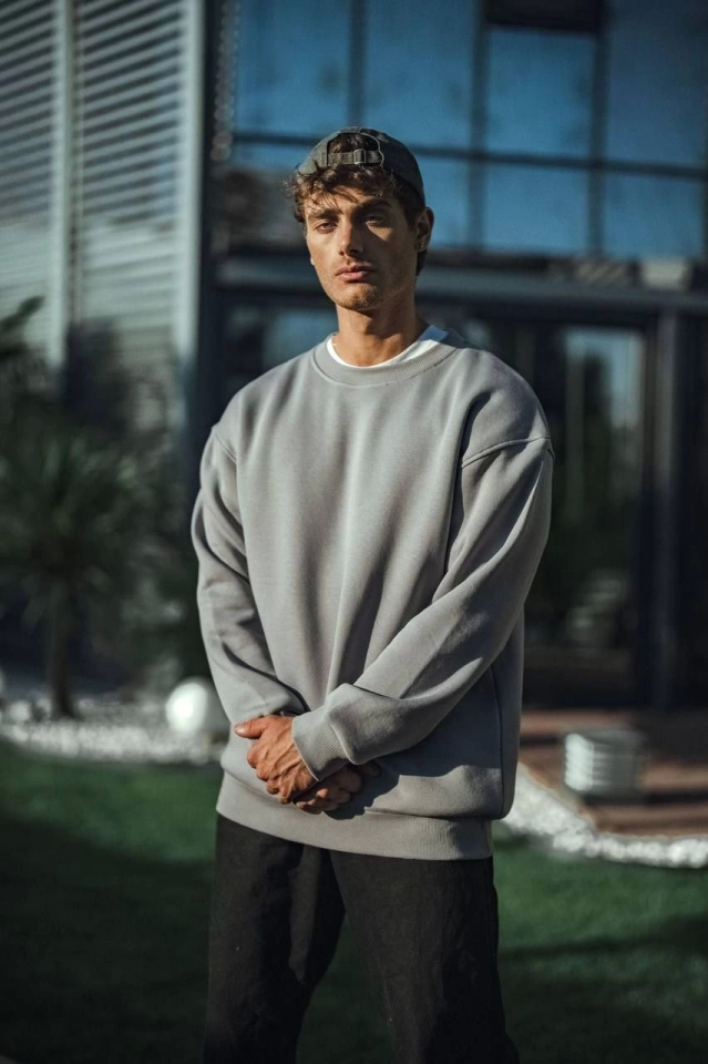 Kışlık Bisiklet Yaka Üç İplik Basic SweatShirt - Boyalı Gri - Görsel 2