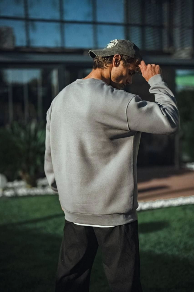 Kışlık Bisiklet Yaka Üç İplik Basic SweatShirt - Boyalı Gri - Görsel 4