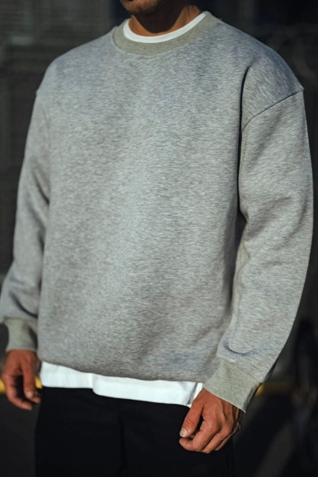 Kışlık Bisiklet Yaka Üç İplik Basic SweatShirt - Gri - Görsel 4