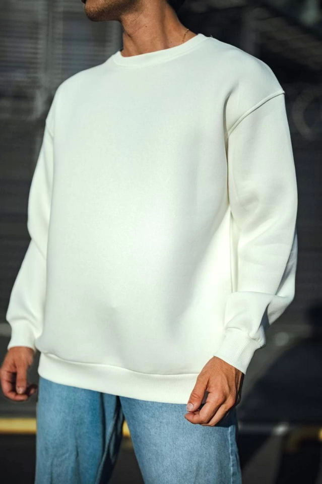Kışlık Bisiklet Yaka Üç İplik Basic SweatShirt - Beyaz - Görsel 4