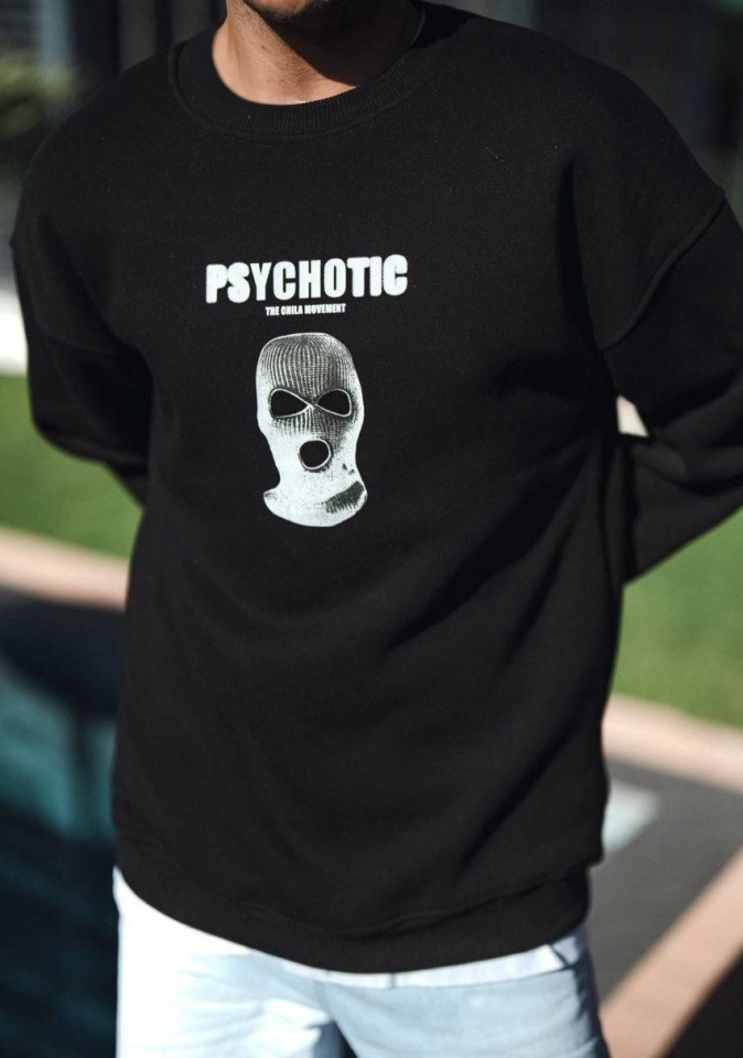 Kışlık Bisiklet Yaka Baskılı SweatShirt - Siyah - Görsel 4