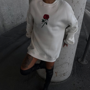 Alternative view of Oversize Üç İplik Bisiklet Yaka Baskılı SweatShirt - Beyaz