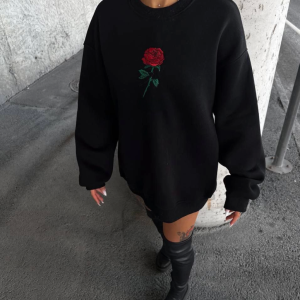 Alternative view of Oversize Üç İplik Bisiklet Yaka Baskılı SweatShirt - Siyah