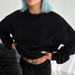 Kışlık Bisiklet Yaka Üç İplik Basic SweatShirt - Siyah