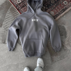 Alternative view of Uzun Kol Kapşonlu Göğüs Baskılı SweatShirt - Gri