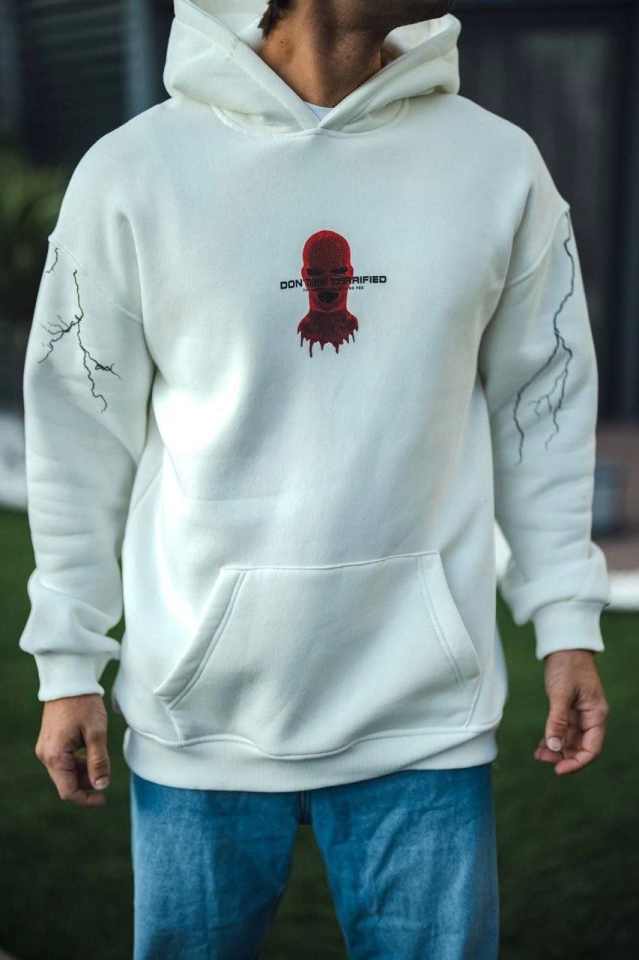 Üç İplik Kapşonlu Baskılı Oversize SweatShirt- Beyaz - Görsel 4