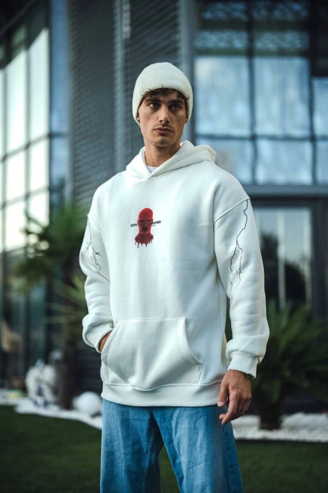 Üç İplik Kapşonlu Baskılı Oversize SweatShirt- Beyaz - Görsel 3