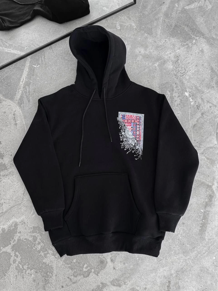 Uzun Kol Kapşonlu Ön Ve Arka Baskılı SweatShirt - Siyah - Görsel 5
