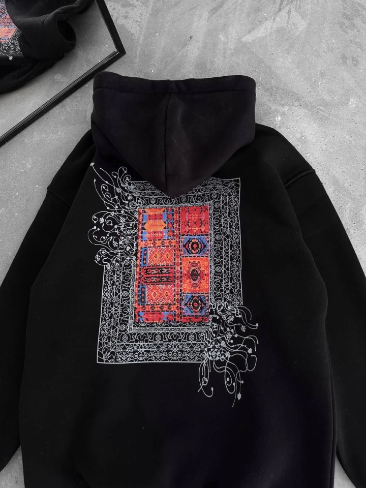 Uzun Kol Kapşonlu Ön Ve Arka Baskılı SweatShirt - Siyah - Görsel 2
