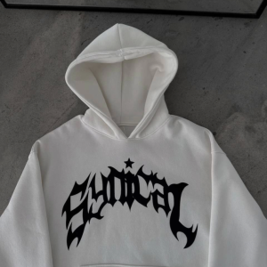 Kışlık Kapşonlu Baskılı Oversize SweatShirt- Beyaz