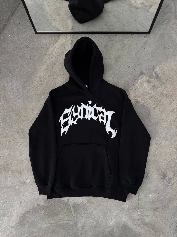 Kışlık Kapşonlu Baskılı Oversize SweatShirt- Siyah - Görsel 3