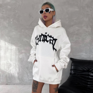 Alternative view of Unisex Üç İplik Kapşonlu Baskılı SweatShirt - Beyaz