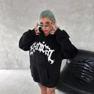 Alternative view of Unisex Üç İplik Kapşonlu Baskılı SweatShirt - Siyah