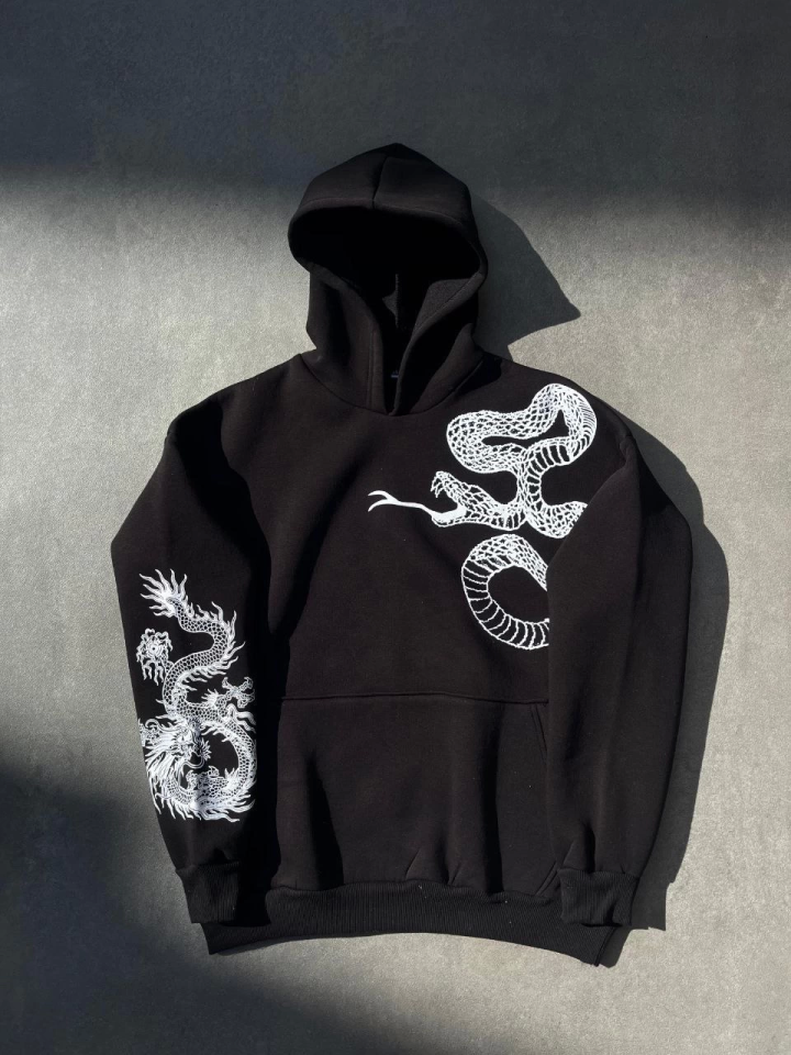 Uzun Kol Kapşonlu Baskılı SweatShirt - Siyah - Görsel 4