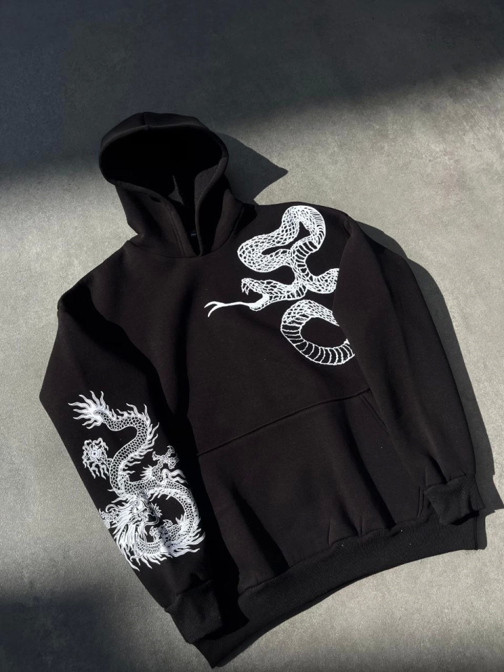 Uzun Kol Kapşonlu Baskılı SweatShirt - Siyah - Görsel 3