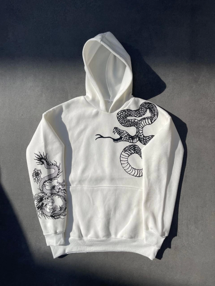 Uzun Kol Kapşonlu Baskılı SweatShirt - Beyaz - Görsel 5