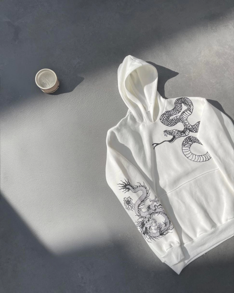 Uzun Kol Kapşonlu Baskılı SweatShirt - Beyaz - Görsel 2