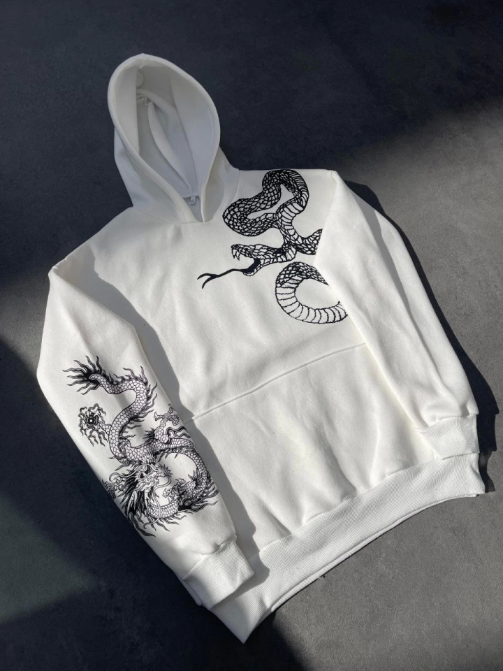 Uzun Kol Kapşonlu Baskılı SweatShirt - Beyaz - Görsel 3