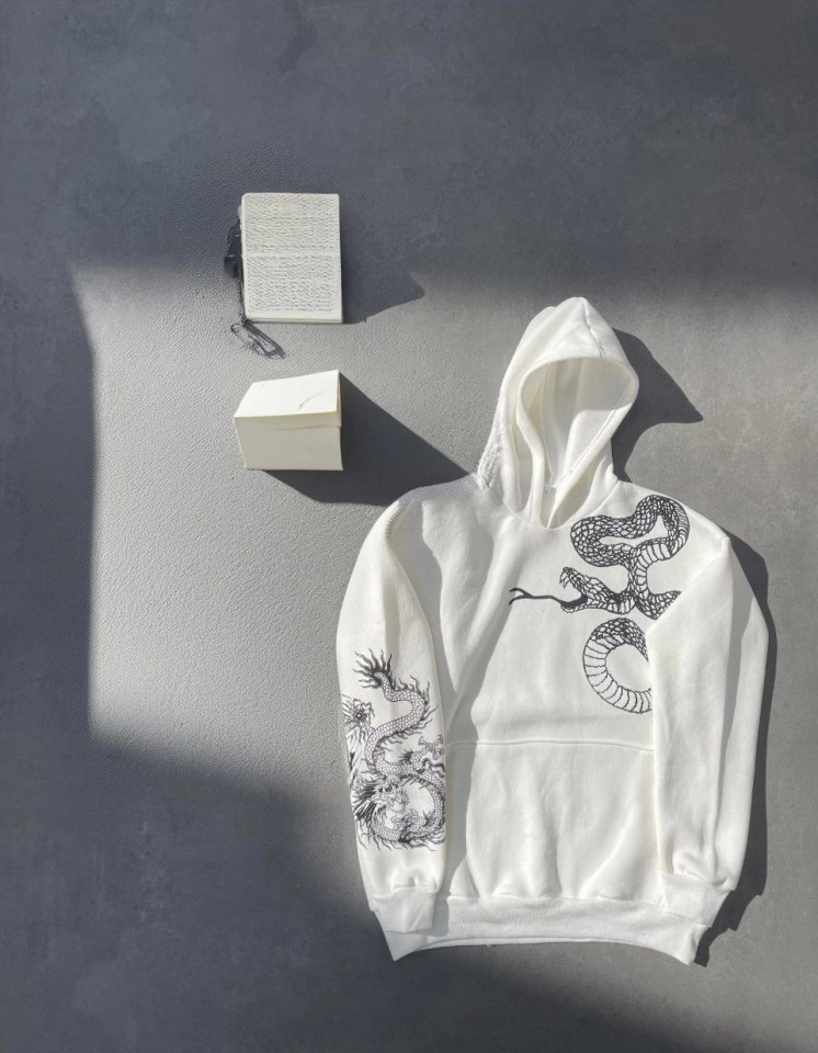 Uzun Kol Kapşonlu Baskılı SweatShirt - Beyaz - Görsel 4