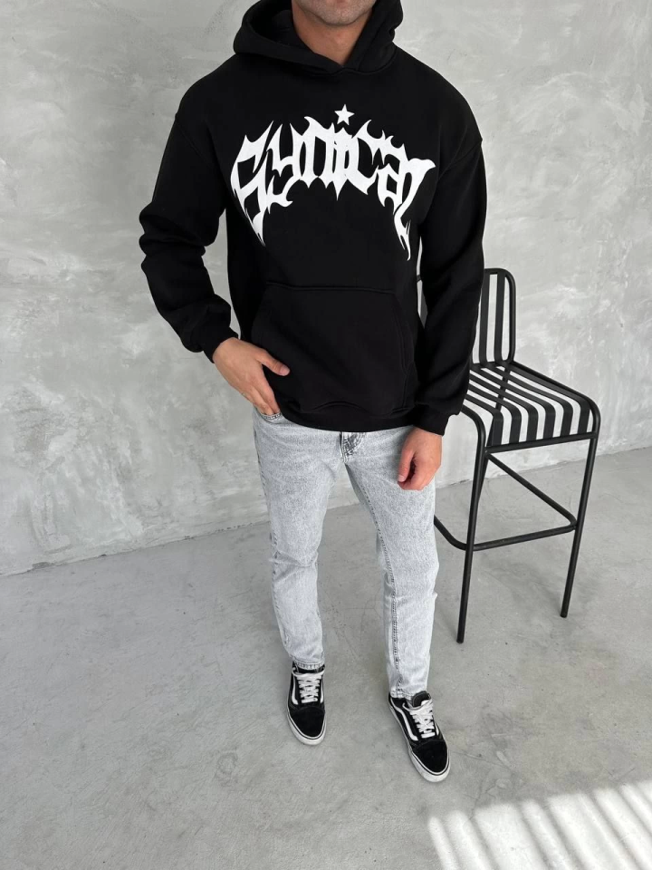 Unisex Üç İplik Kapşonlu Baskılı SweatShirt - Siyah - Görsel 4