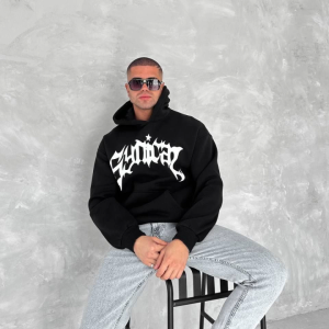 Alternative view of Unisex Üç İplik Kapşonlu Baskılı SweatShirt - Siyah
