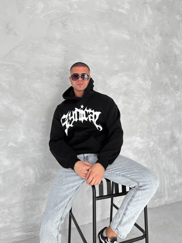 Unisex Üç İplik Kapşonlu Baskılı SweatShirt - Siyah - Görsel 2