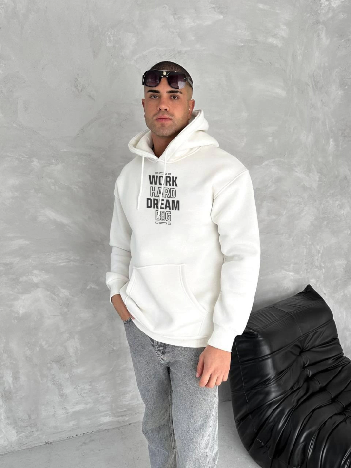 Kışlık Üç İplik Kapşonlu SweatShirt - Beyaz - Görsel 2