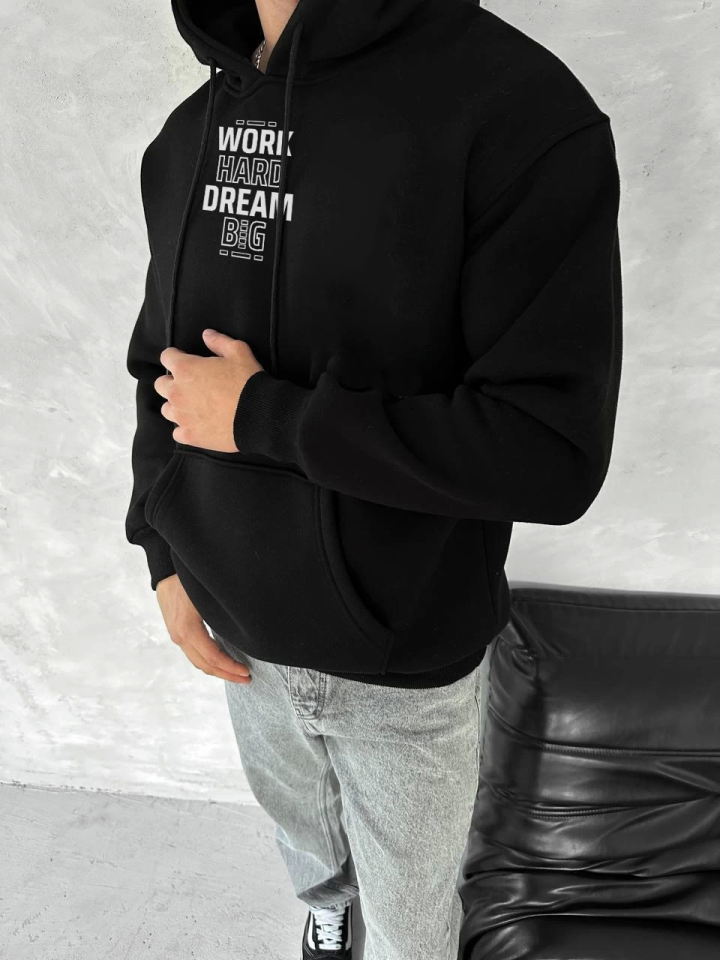 Kışlık Üç İplik Kapşonlu SweatShirt - Siyah - Görsel 2