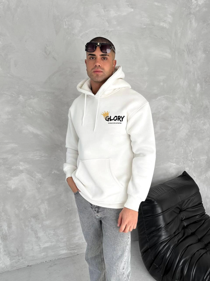 Kışlık Üç İplik Kapşonlu SweatShirt - Beyaz - Görsel 2