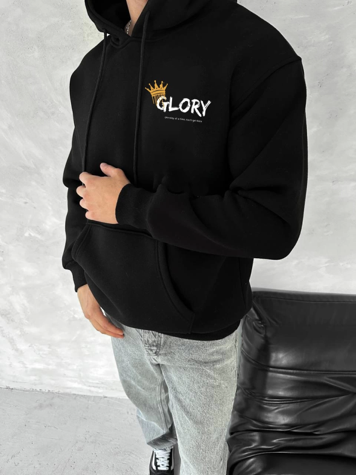 Kışlık Üç İplik Kapşonlu SweatShirt - Siyah - Görsel 2