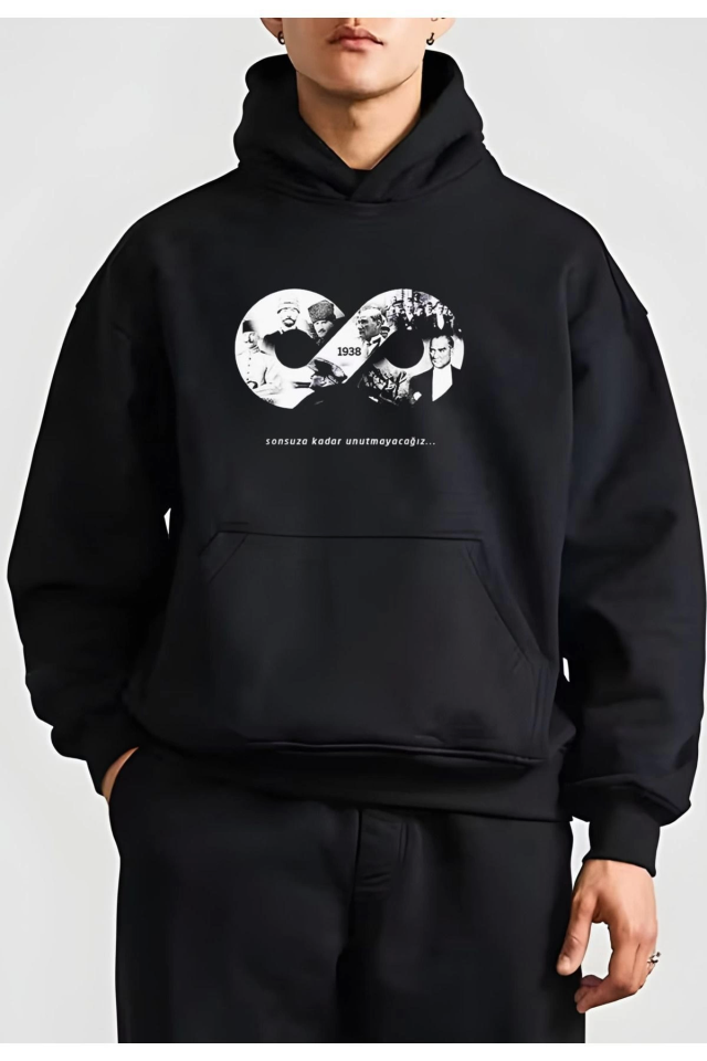 10 Kasıma Özel Üç İplik Kapşonlu Baskılı SweatShirt - Siyah - Görsel 4